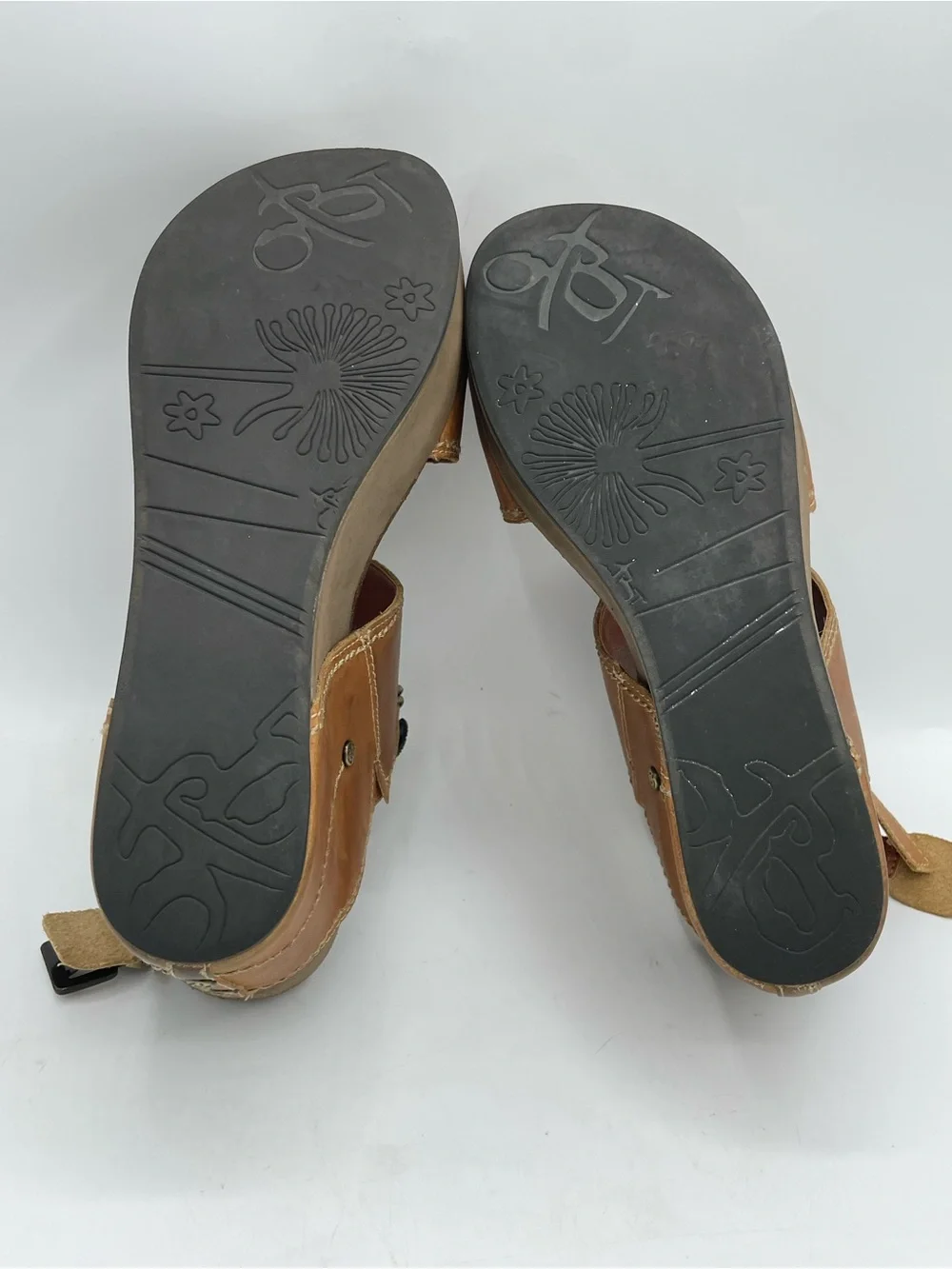 OTBT Layover Brown Leather Wedge Sandals with Turquoise and Metal Stone Accents.